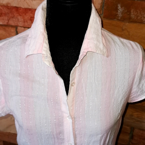 GUESS JEANS Pink and White Blouse with Silver Threads - Picture 2 of 4